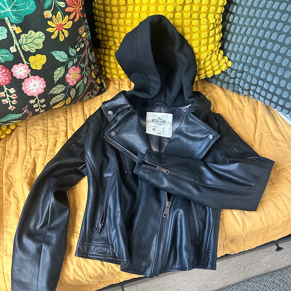 Black Leather Jacket with Hood
